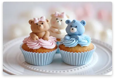 Adorable teddy bear-shaped muffin with chocolate features and decorations