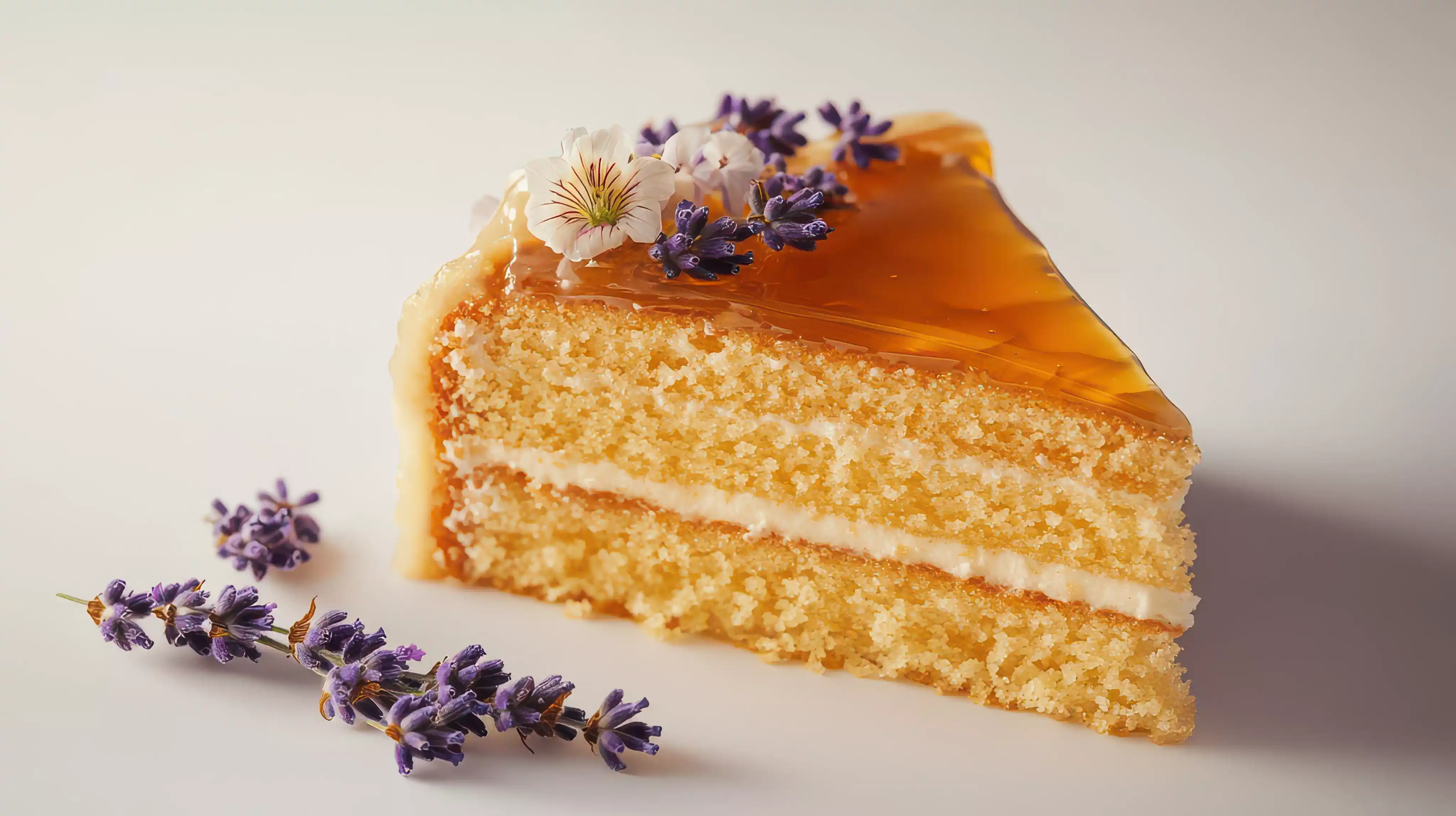 Layered honey cake with cream filling and summer fruit garnish